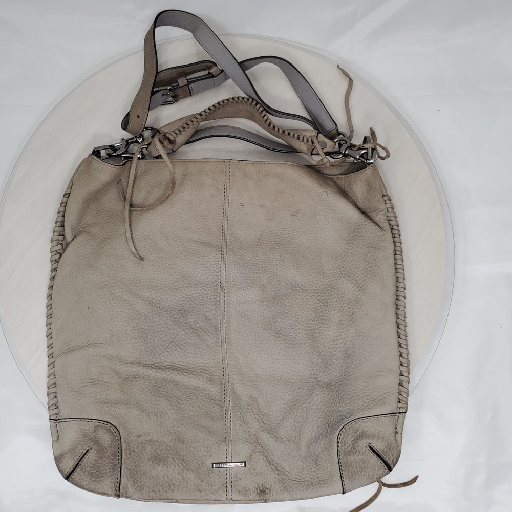 Worn Rebecca Minkoff Grey Leather Studded Whipstitch Large Hobo Shoulder Bag